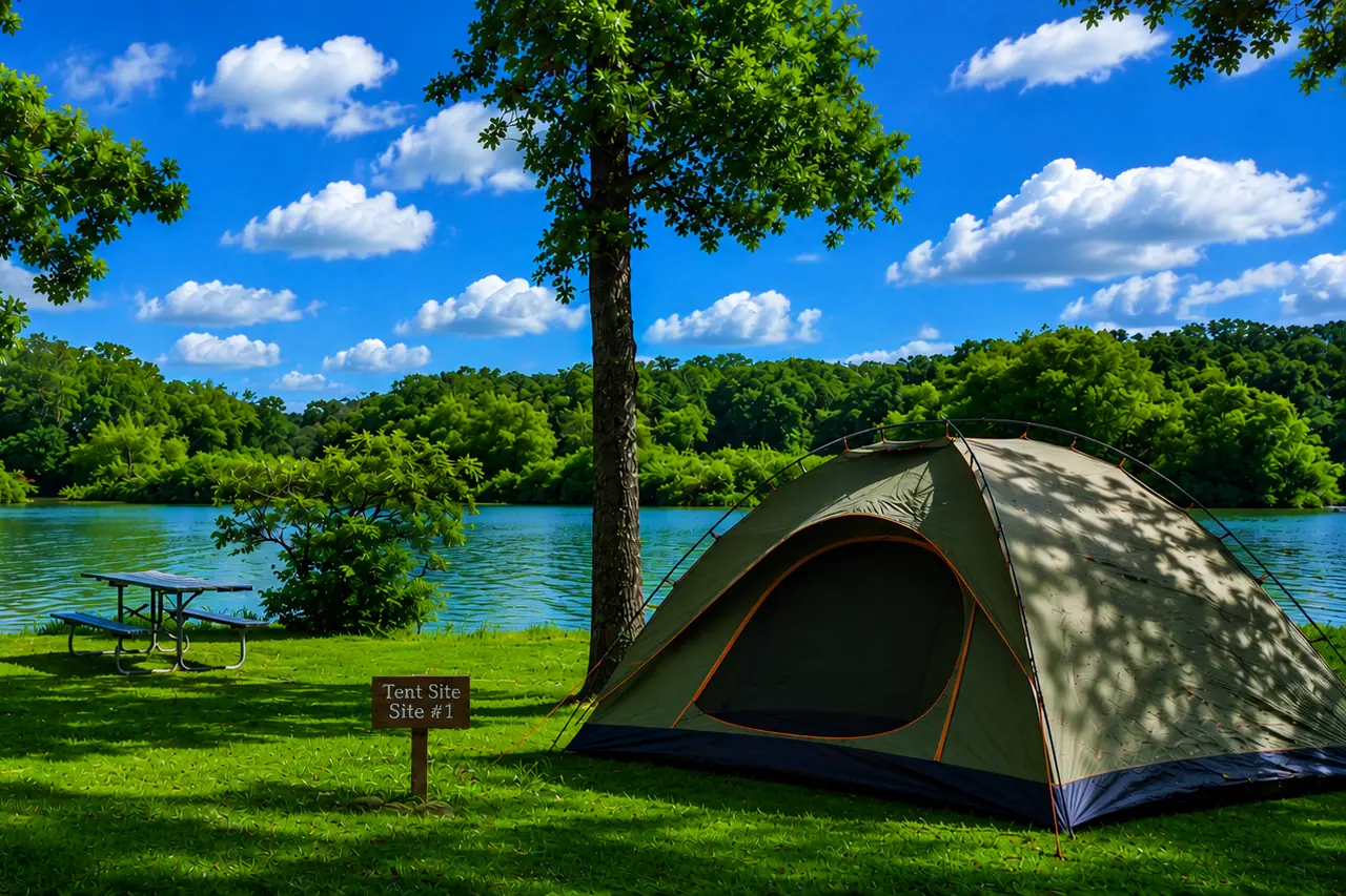 Shaded tent campsite with picnic table and fire ring at Anchor Inn Marina